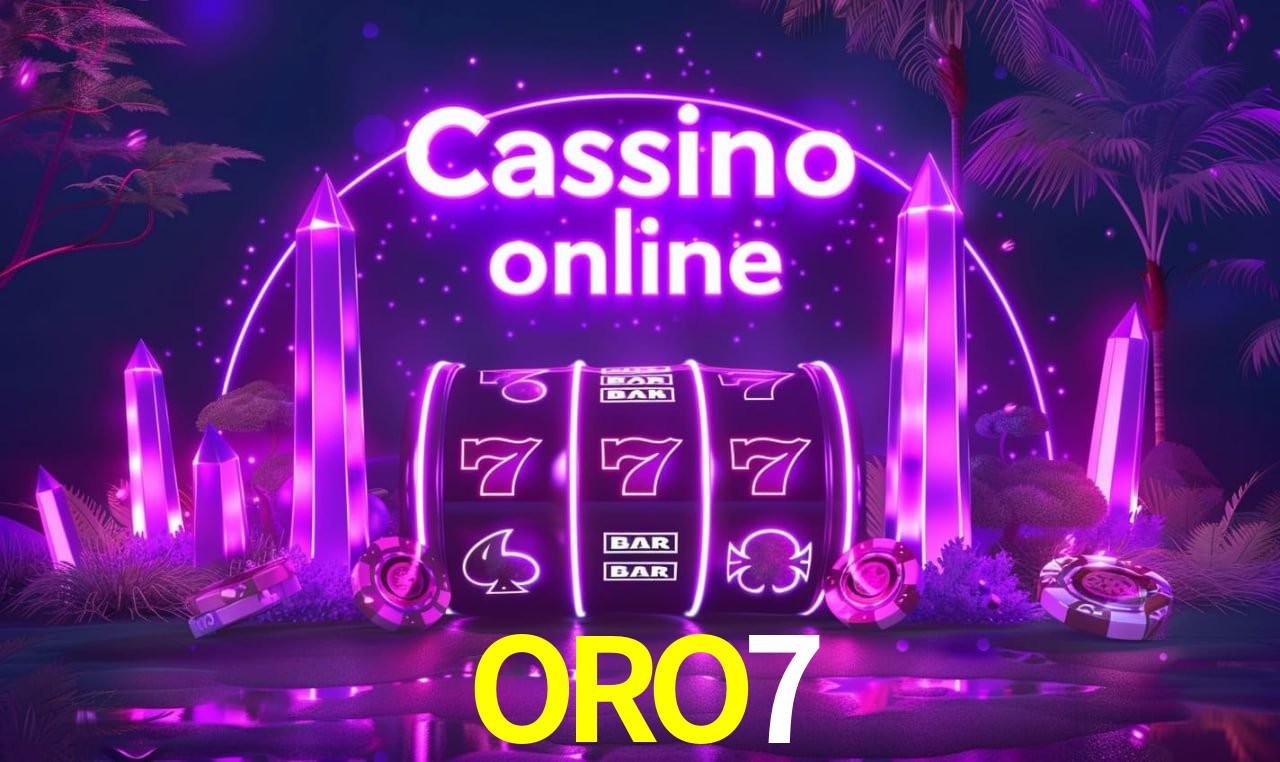 Escena dinámica inspirada en casino con iluminación ORO7, cartas, fichas e íconos de juegos digitales en un espacio moderno de juegos.