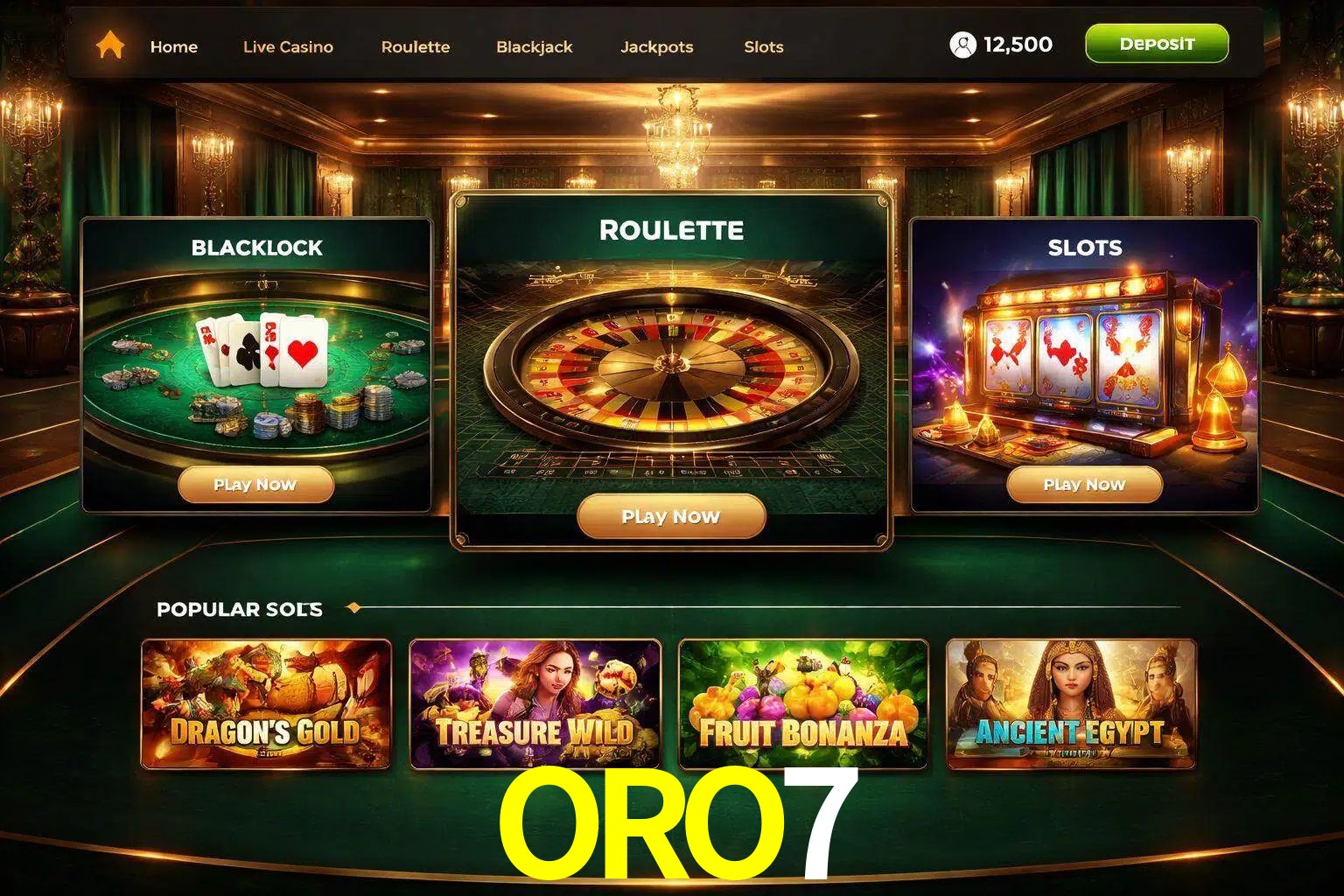 Vista de la plataforma ORO7 Casino mostrando categorías organizadas de juegos en línea